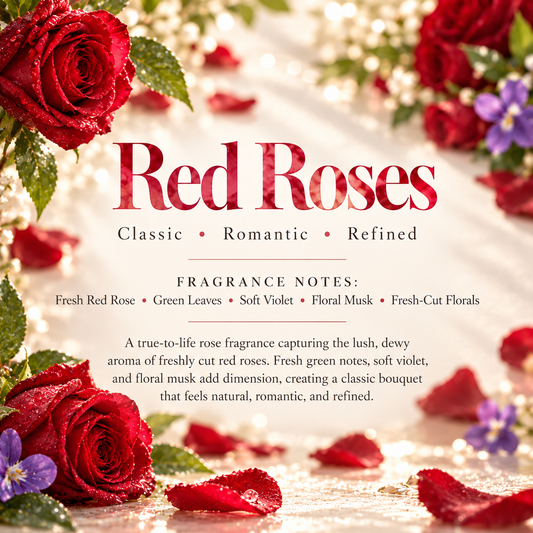 Red Roses scent profile featuring fresh red rose, green leaves, soft violet, floral musk and fresh-cut florals for a natural romantic bouquet.