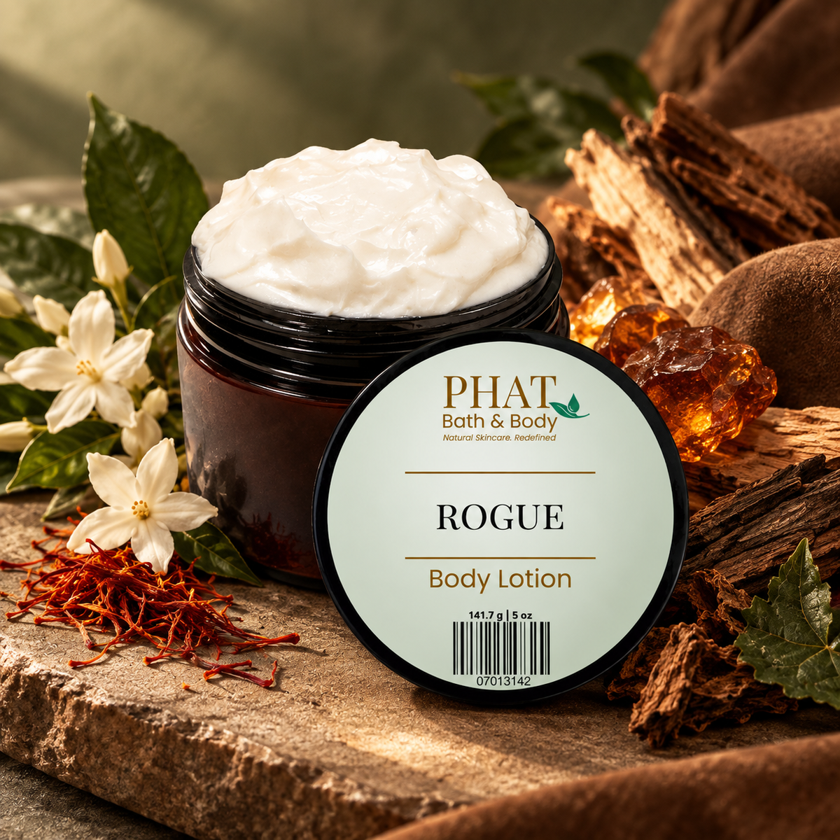 Phat Bath & Body Rogue Men’s Body Lotion in a black 5 oz jar styled with saffron, warm woods, amber accents, and masculine fragrance elements.