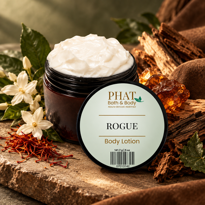 Phat Bath & Body Rogue Men’s Body Lotion in a black 5 oz jar styled with saffron, warm woods, amber accents, and masculine fragrance elements.