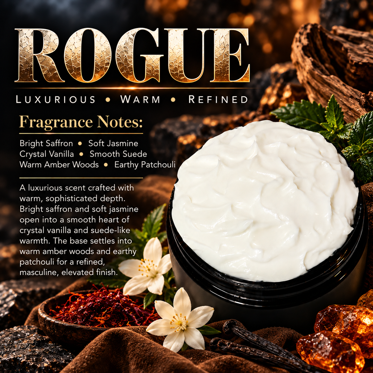 Rogue men’s body lotion scent profile image by Phat Bath & Body featuring an open lotion jar with saffron, jasmine, vanilla, suede, amber wood and patchouli accents, with fragrance notes of bright saffron, soft jasmine, crystal vanilla, smooth suede, warm amber woods and earthy patchouli.