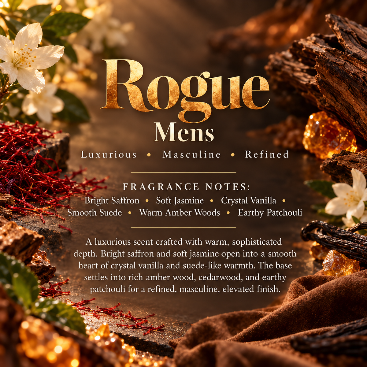 Rogue men’s scent profile featuring bright saffron, soft jasmine, crystal vanilla, smooth suede, warm amber woods and earthy patchouli.