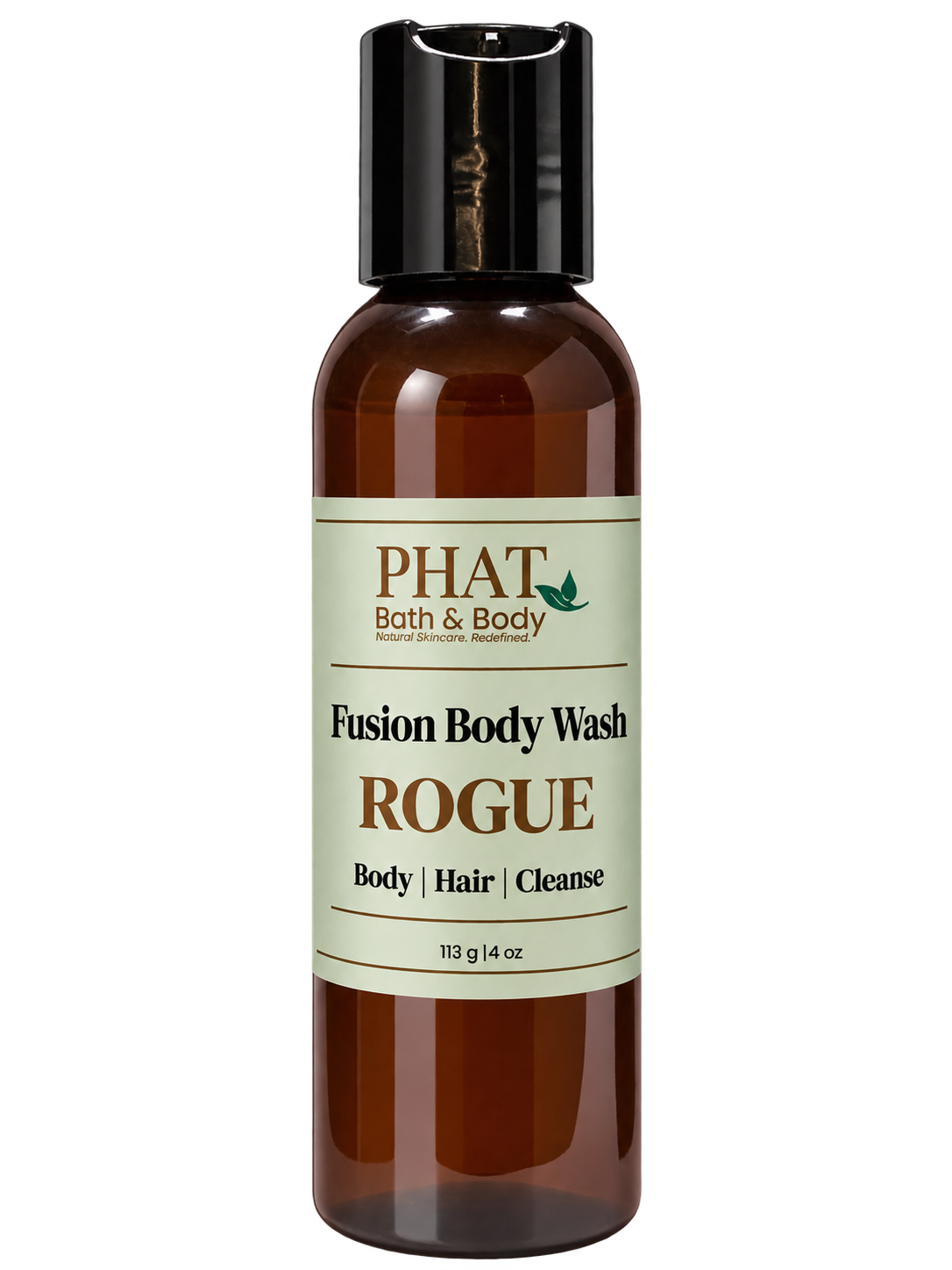 Phat Bath & Body Rogue men’s Fusion Body Wash in a 4 oz amber bottle with sage-green label.