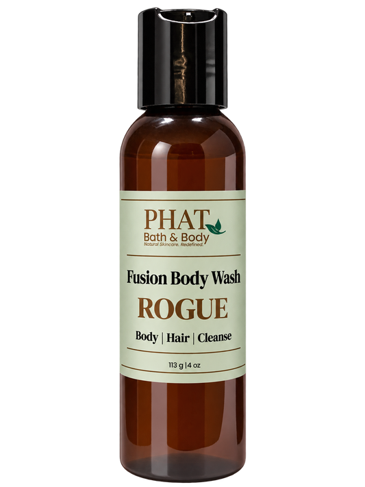 Phat Bath & Body Rogue men’s Fusion Body Wash in a 4 oz amber bottle with sage-green label.