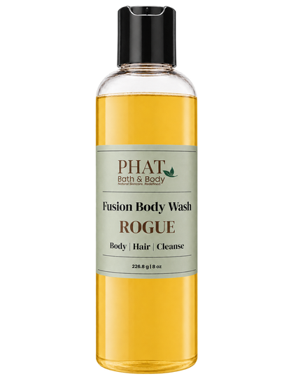 Phat Bath & Body Rogue men’s Fusion Body Wash in a clear 8.5 oz bottle with golden body wash and sage-green label.