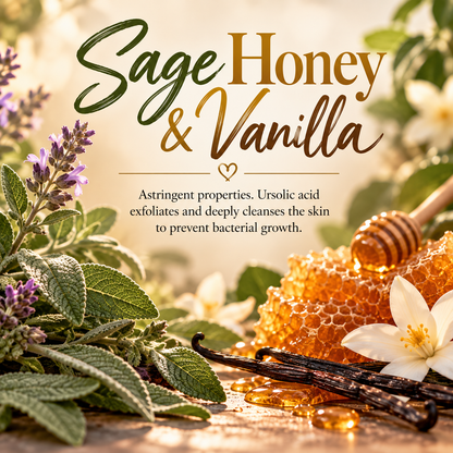 Sage Honey & Vanilla ingredient card featuring sage, golden honey and vanilla with skincare information about cleansing and exfoliating properties.