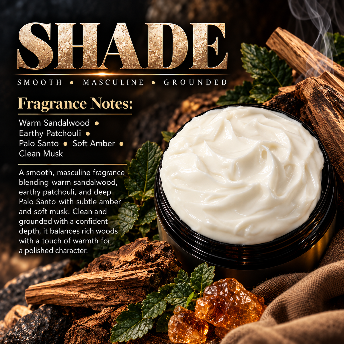 Shade men’s body lotion scent profile image by Phat Bath & Body featuring an open lotion jar with sandalwood, patchouli, Palo Santo and amber-inspired accents, with fragrance notes of warm sandalwood, earthy patchouli, Palo Santo, soft amber and clean musk.