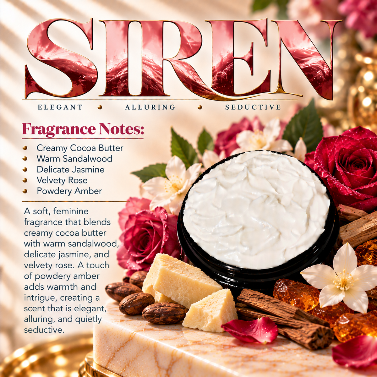 Siren body lotion scent profile image by Phat Bath & Body featuring the original open black lotion jar with cocoa butter, sandalwood, jasmine, rose and amber accents, with fragrance notes of creamy cocoa butter, warm sandalwood, delicate jasmine, velvety rose and powdery amber.