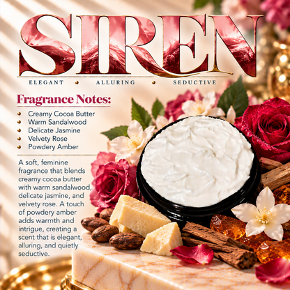 Siren body lotion scent profile image by Phat Bath & Body featuring the original open black lotion jar with cocoa butter, sandalwood, jasmine, rose and amber accents, with fragrance notes of creamy cocoa butter, warm sandalwood, delicate jasmine, velvety rose and powdery amber.