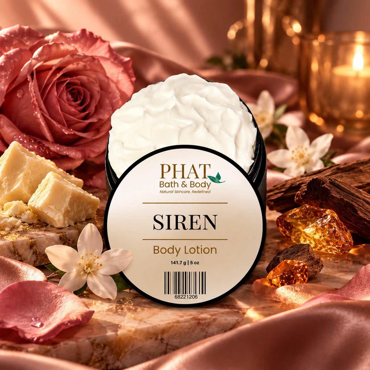 Phat Bath & Body Siren Body Lotion in black jar with creamy cocoa butter, jasmine, rose, sandalwood and warm amber inspired styling.