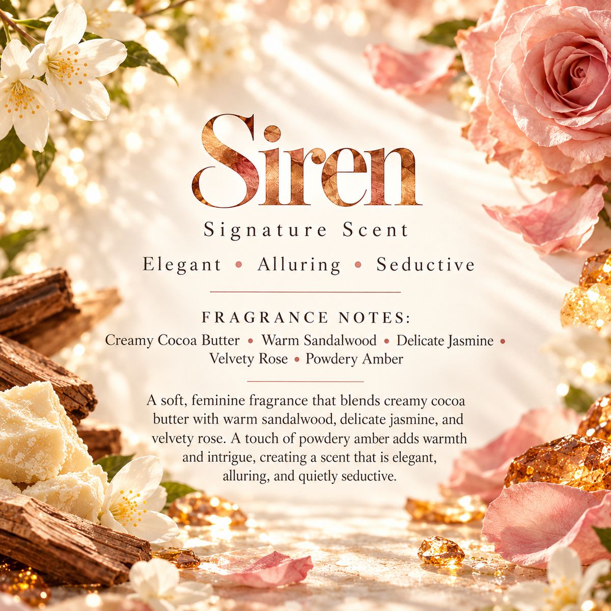 Siren Signature Scent profile featuring creamy cocoa butter, warm sandalwood, delicate jasmine, velvety rose and powdery amber.