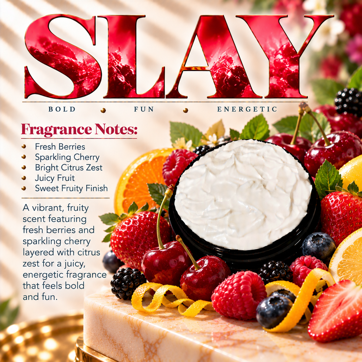 Slay body lotion scent profile image by Phat Bath & Body featuring the original open black lotion jar with fresh berries, sparkling cherry and bright citrus accents, with fragrance notes of fresh berries, sparkling cherry, bright citrus zest, juicy fruit and a sweet fruity finish.