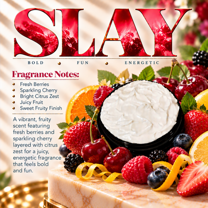 Slay body lotion scent profile image by Phat Bath & Body featuring the original open black lotion jar with fresh berries, sparkling cherry and bright citrus accents, with fragrance notes of fresh berries, sparkling cherry, bright citrus zest, juicy fruit and a sweet fruity finish.