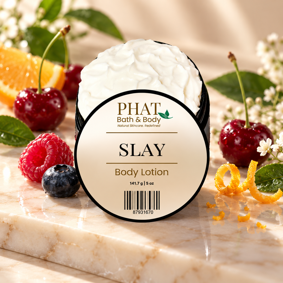 Phat Bath & Body Slay Body Lotion in black jar styled with juicy cherries, berries and bright citrus accents.