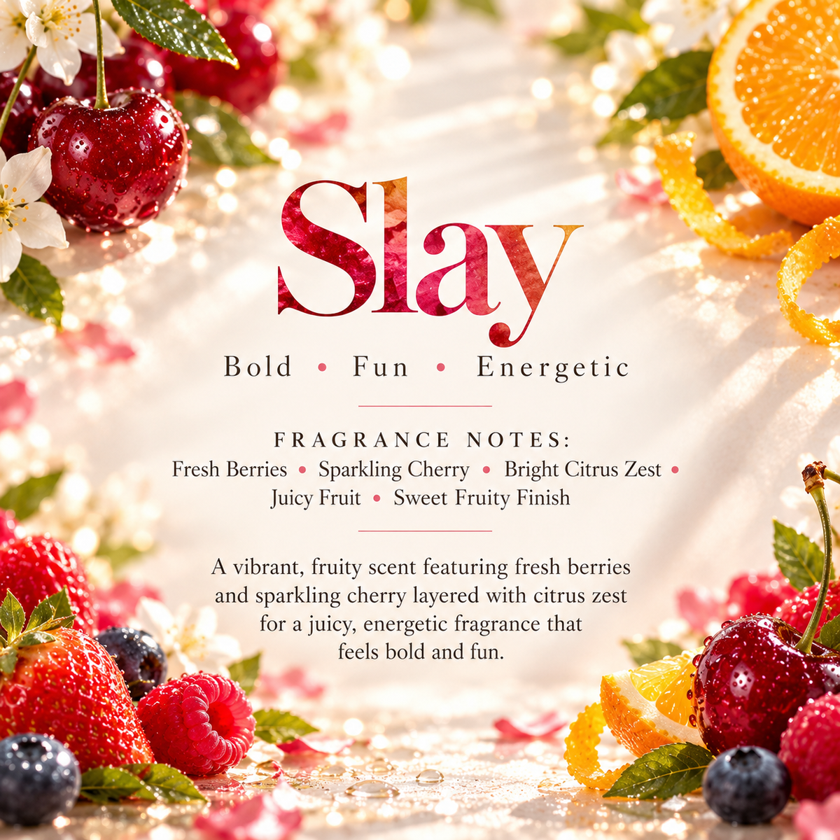 Slay scent profile featuring fresh berries, sparkling cherry, bright citrus zest, juicy fruit and a sweet fruity finish.