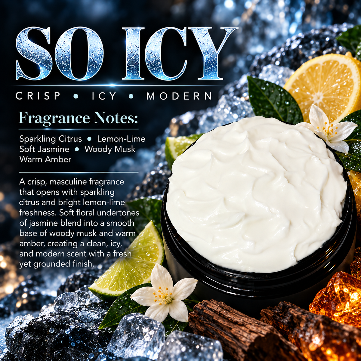 So Icy men’s body lotion scent profile image by Phat Bath & Body featuring an open black lotion jar with citrus, lemon-lime, jasmine, woody musk and amber accents, with fragrance notes of sparkling citrus, lemon-lime, soft jasmine, woody musk and warm amber.