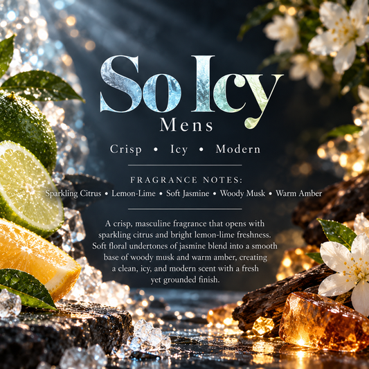 So Icy men’s scent profile featuring sparkling citrus, lemon-lime, soft jasmine, woody musk and warm amber for a crisp modern fragrance.