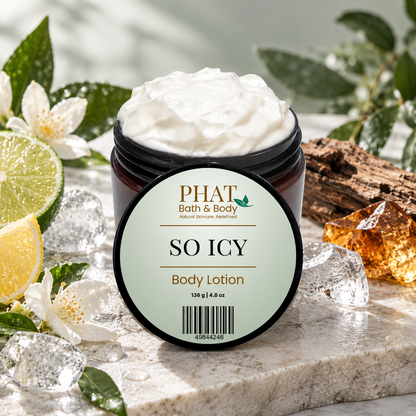 Phat Bath & Body So Icy men’s Body Lotion with sparkling citrus, lemon lime, jasmine, woody musk and amber inspired styling.