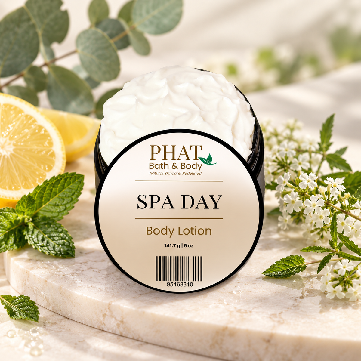 Phat Bath & Body Spa Day Body Lotion styled with cool mint, eucalyptus, fresh lemon and soft verbena.