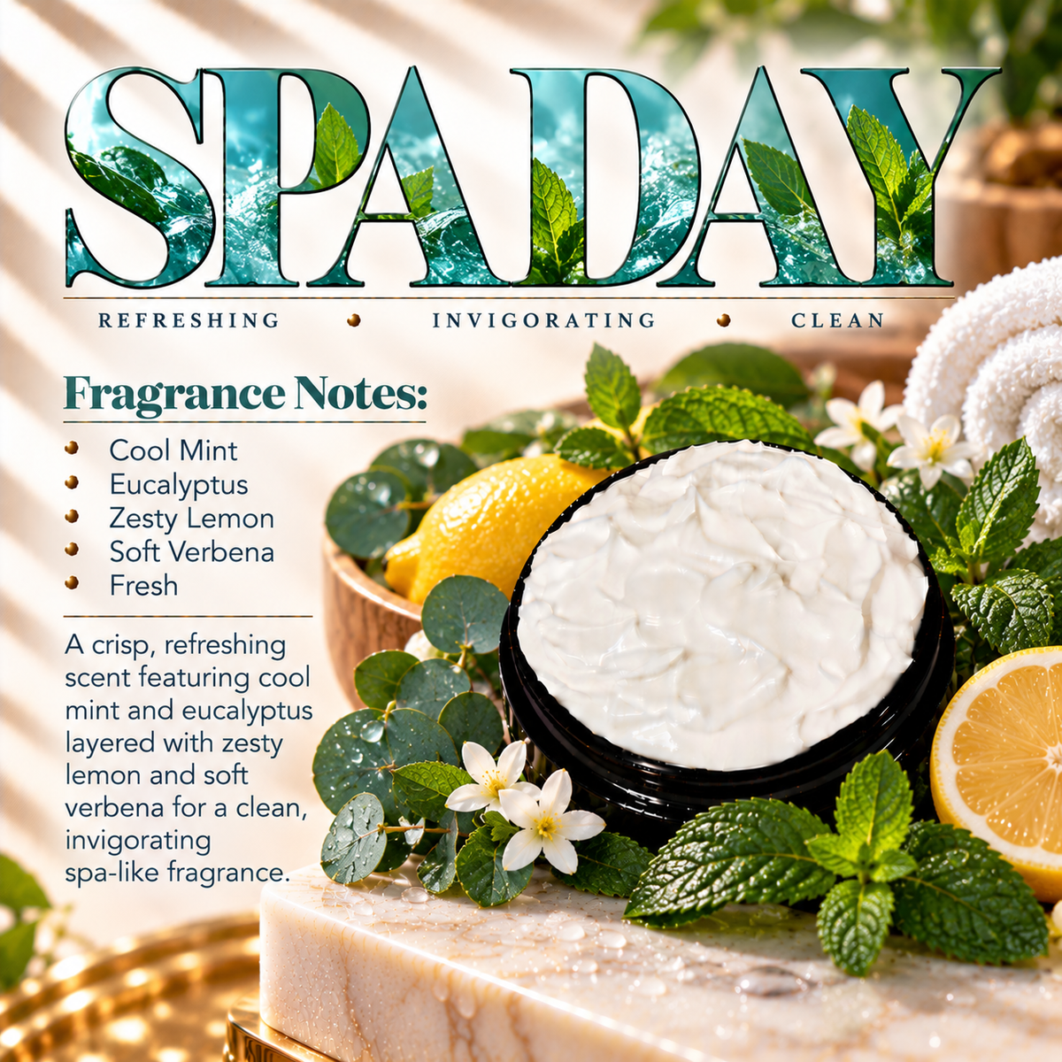 Spa Day body lotion scent profile image by Phat Bath & Body featuring the original open black lotion jar with mint, eucalyptus, lemon and verbena accents, with fragrance notes of cool mint, eucalyptus, zesty lemon, soft verbena and fresh notes.