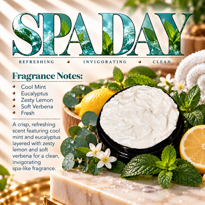 Spa Day body lotion scent profile image by Phat Bath & Body featuring the original open black lotion jar with mint, eucalyptus, lemon and verbena accents, with fragrance notes of cool mint, eucalyptus, zesty lemon, soft verbena and fresh notes.
