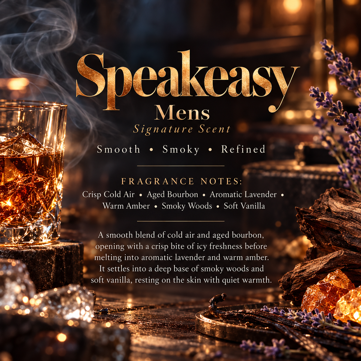 Speakeasy men’s Signature Scent profile featuring crisp cold air, aged bourbon, aromatic lavender, warm amber, smoky woods and soft vanilla.