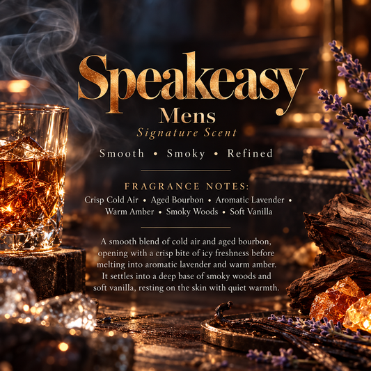 Speakeasy men’s Signature Scent profile featuring crisp cold air, aged bourbon, aromatic lavender, warm amber, smoky woods and soft vanilla.