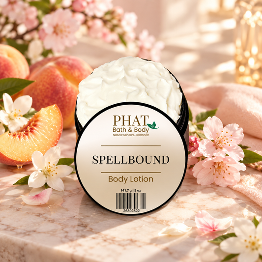 Phat Bath & Body Spellbound Body Lotion styled with peach, cherry blossom and soft white jasmine.