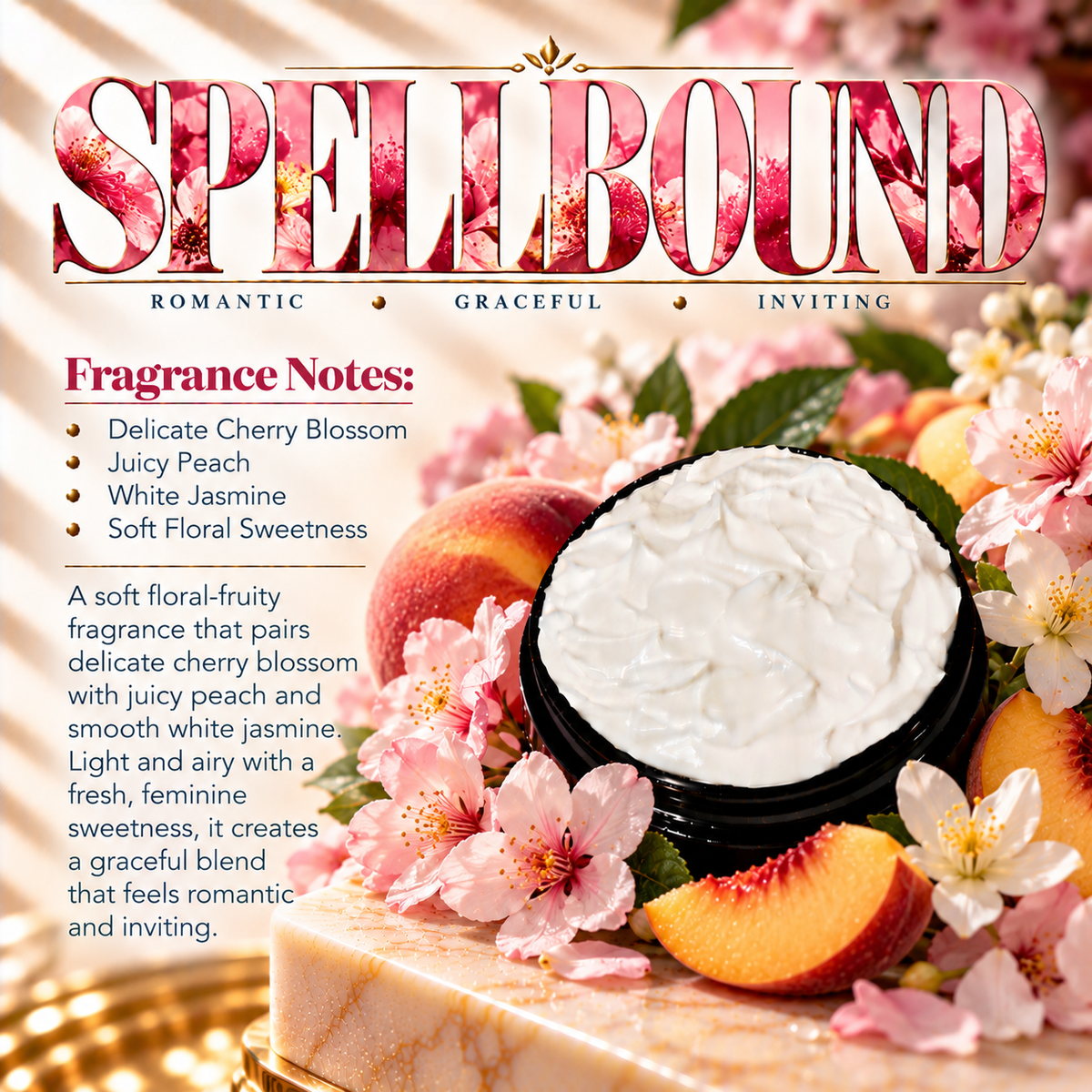 Spellbound body lotion scent profile image by Phat Bath & Body featuring the original open black lotion jar with cherry blossom, juicy peach and white jasmine accents, with fragrance notes of delicate cherry blossom, juicy peach, white jasmine and soft floral sweetness.