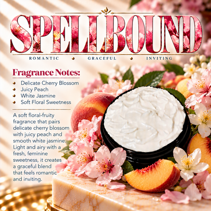 Spellbound body lotion scent profile image by Phat Bath & Body featuring the original open black lotion jar with cherry blossom, juicy peach and white jasmine accents, with fragrance notes of delicate cherry blossom, juicy peach, white jasmine and soft floral sweetness.