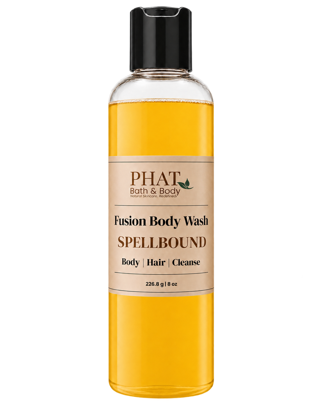 Phat Bath & Body Spellbound Fusion Body Wash in a clear 8.5 oz bottle with golden body wash and cream label.