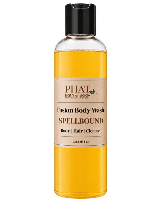 Phat Bath & Body Spellbound Fusion Body Wash in a clear 8.5 oz bottle with golden body wash and cream label.