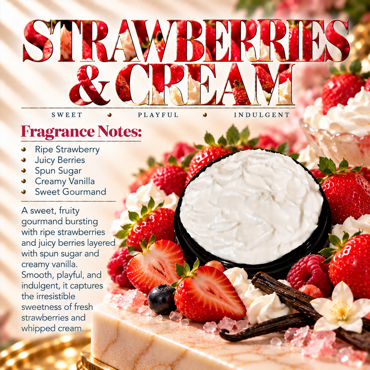 Strawberries & Cream body lotion scent profile image by Phat Bath & Body featuring the original open black lotion jar with ripe strawberries, juicy berries, spun sugar and creamy vanilla accents, with fragrance notes of ripe strawberry, juicy berries, spun sugar, creamy vanilla and sweet gourmand.
