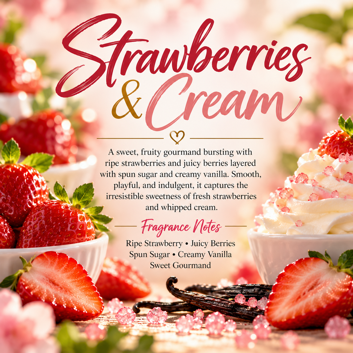Strawberries & Cream scent profile featuring ripe strawberry, juicy berries, spun sugar, creamy vanilla and sweet gourmand notes.