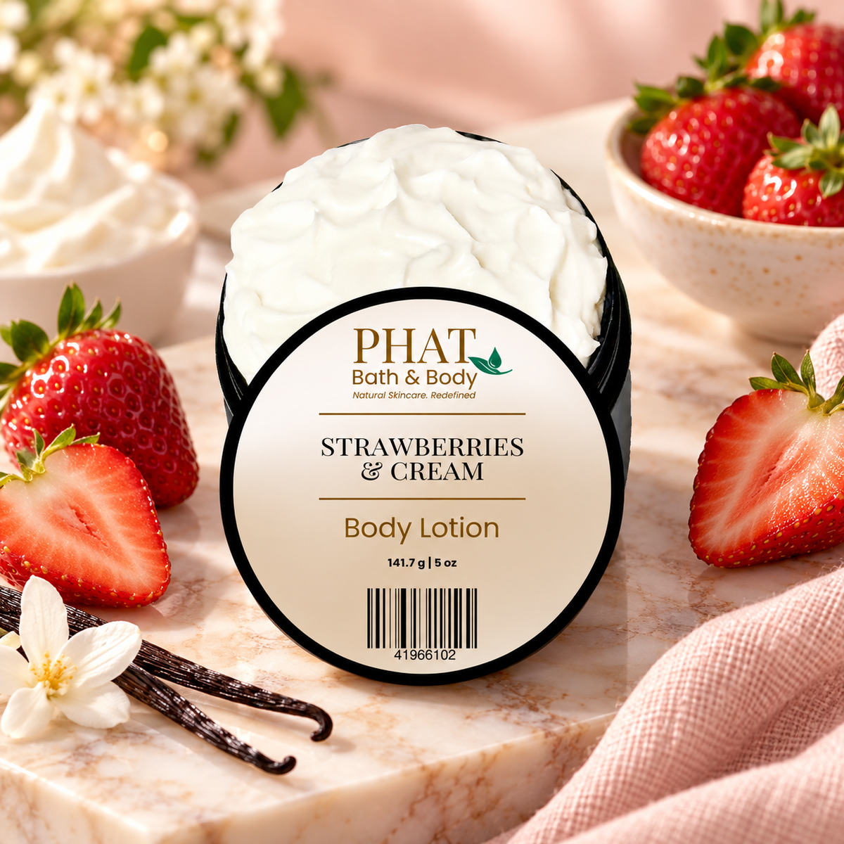 Phat Bath & Body Strawberries & Cream Body Lotion styled with ripe strawberries, creamy vanilla and sweet gourmand accents.