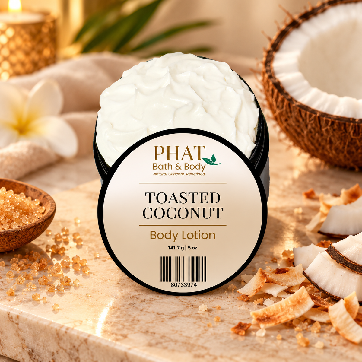 Phat Bath & Body Toasted Coconut Body Lotion styled with creamy coconut, toasted coconut and warm sugar accents.