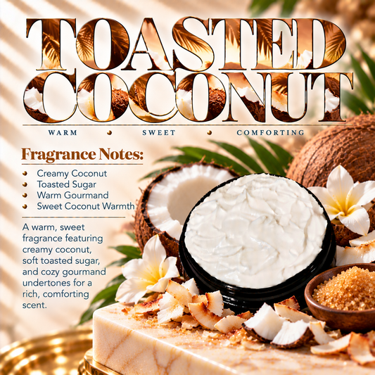 Toasted Coconut body lotion scent profile image by Phat Bath & Body featuring the original open black lotion jar with creamy coconut and toasted sugar accents, with fragrance notes of creamy coconut, toasted sugar, warm gourmand and sweet coconut warmth.