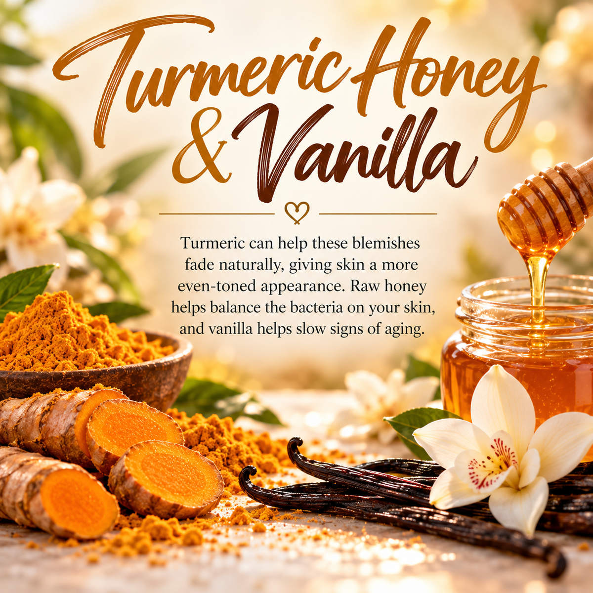 Turmeric Honey & Vanilla ingredient card featuring turmeric, raw honey and vanilla with skincare information about blemishes, skin balance and signs of aging.