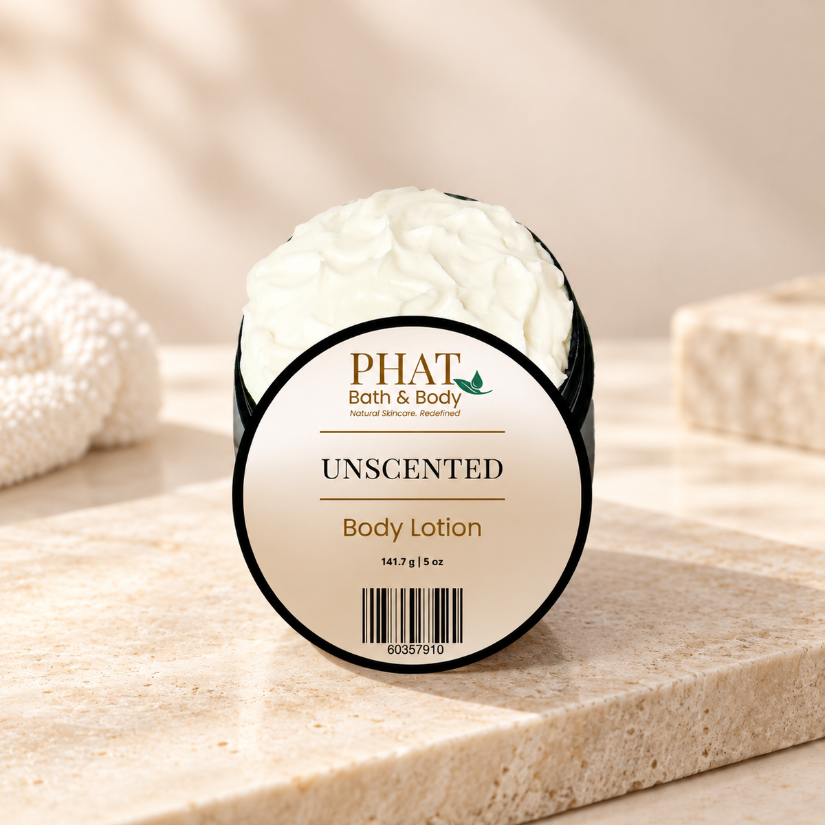 Phat Bath & Body Unscented Body Lotion in black jar with clean minimal neutral styling for fragrance-free skincare.