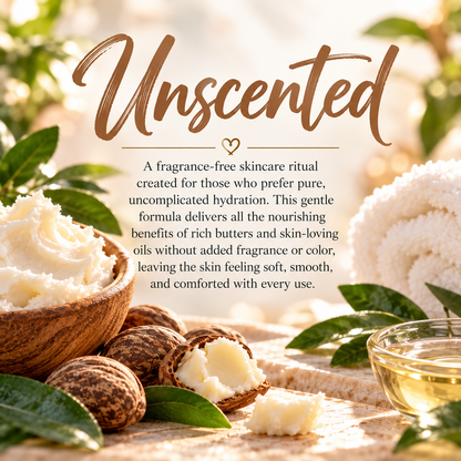 Unscented skincare profile highlighting fragrance-free hydration with rich butters and skin-loving oils and no added fragrance or color.