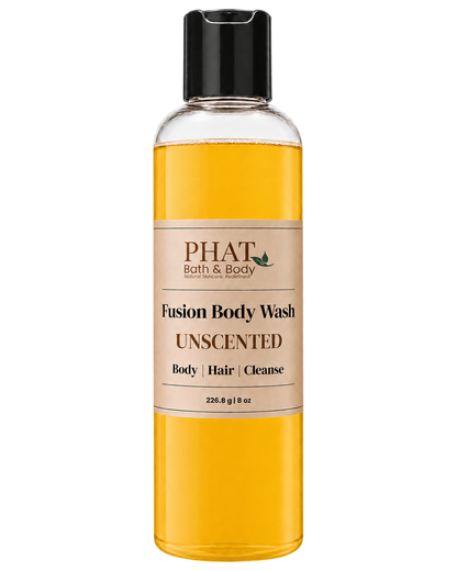 Phat Bath & Body Unscented Fusion Body Wash in a clear 8.5 oz bottle with golden body wash and cream label.