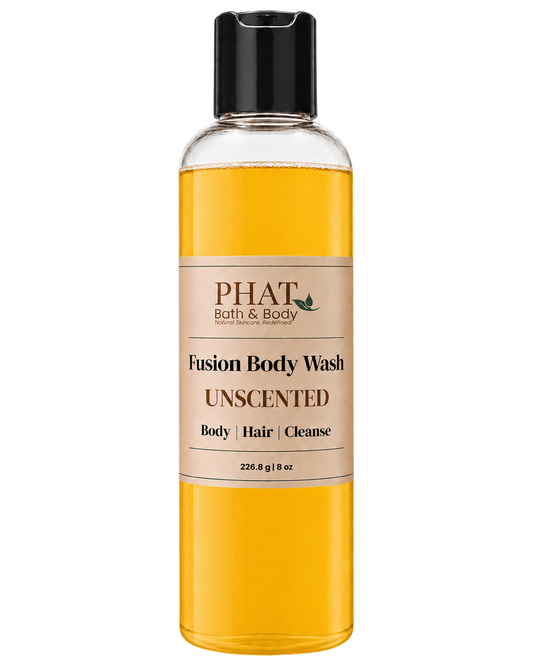 Phat Bath & Body Unscented Fusion Body Wash in a clear 8.5 oz bottle with golden body wash and cream label.