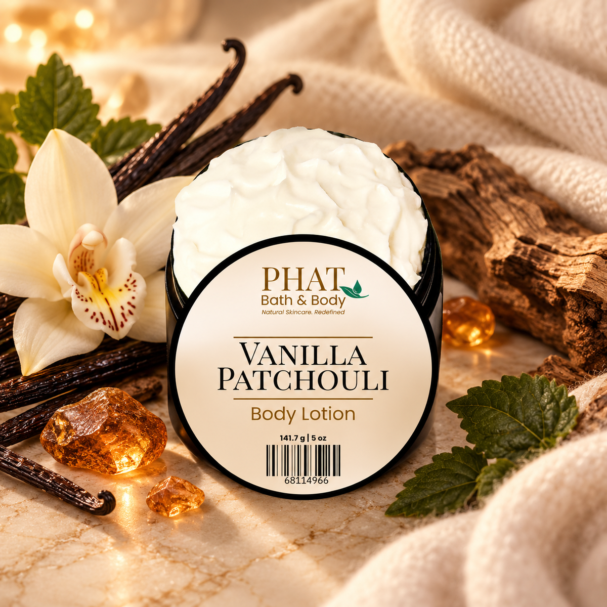 Phat Bath & Body Vanilla Patchouli Body Lotion styled with creamy vanilla, earthy patchouli, cashmere and warm amber.