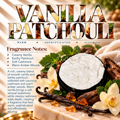 Vanilla Patchouli body lotion scent profile image by Phat Bath & Body featuring the original open black lotion jar with vanilla, patchouli, cashmere and amber wood accents, with fragrance notes of creamy vanilla, earthy patchouli, soft cashmere and warm amber woods.