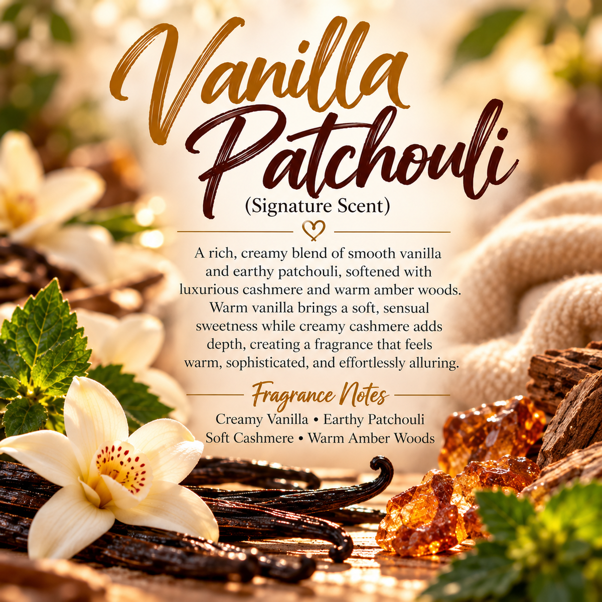 Vanilla Patchouli Signature Scent profile featuring creamy vanilla, earthy patchouli, soft cashmere and warm amber woods.