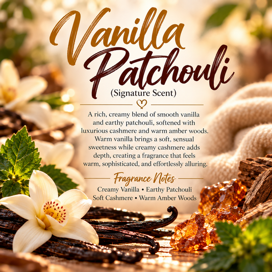 Vanilla Patchouli Signature Scent profile featuring creamy vanilla, earthy patchouli, soft cashmere and warm amber woods.
