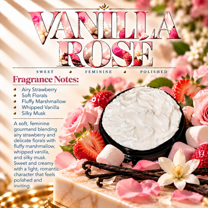 Vanilla Rosé body lotion scent profile image by Phat Bath & Body featuring the original open black lotion jar with strawberry, soft florals, marshmallow and vanilla accents, with fragrance notes of airy strawberry, soft florals, fluffy marshmallow, whipped vanilla and silky musk.