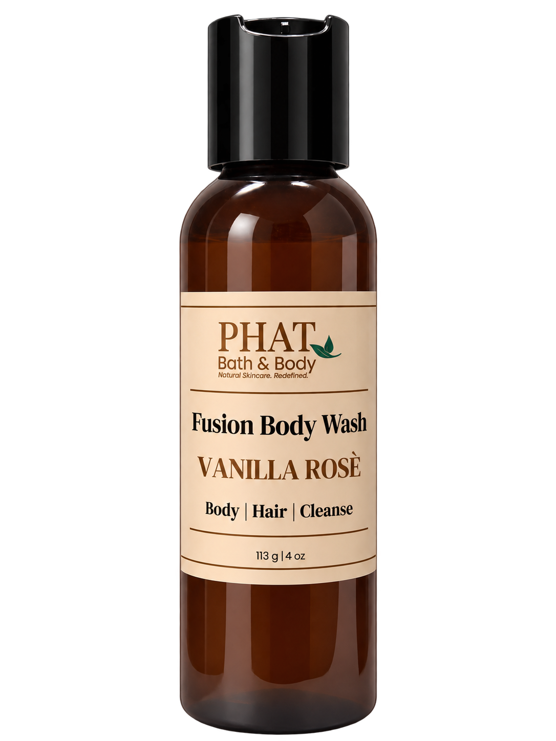 Phat Bath & Body Vanilla Rosè Fusion Body Wash in a 4 oz amber bottle with cream label.