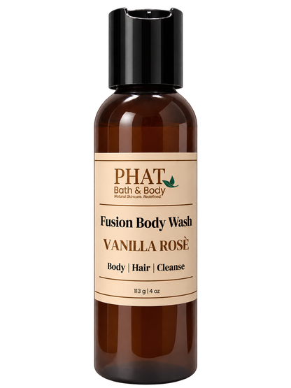 Phat Bath & Body Vanilla Rosè Fusion Body Wash in a 4 oz amber bottle with cream label.