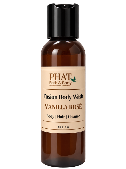 Phat Bath & Body Vanilla Rosè Fusion Body Wash in a 4 oz amber bottle with cream label.