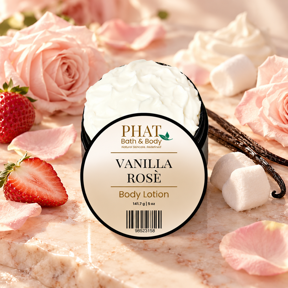 Phat Bath & Body Vanilla Rosé Body Lotion styled with strawberry, soft florals, marshmallow, vanilla and silky musk.